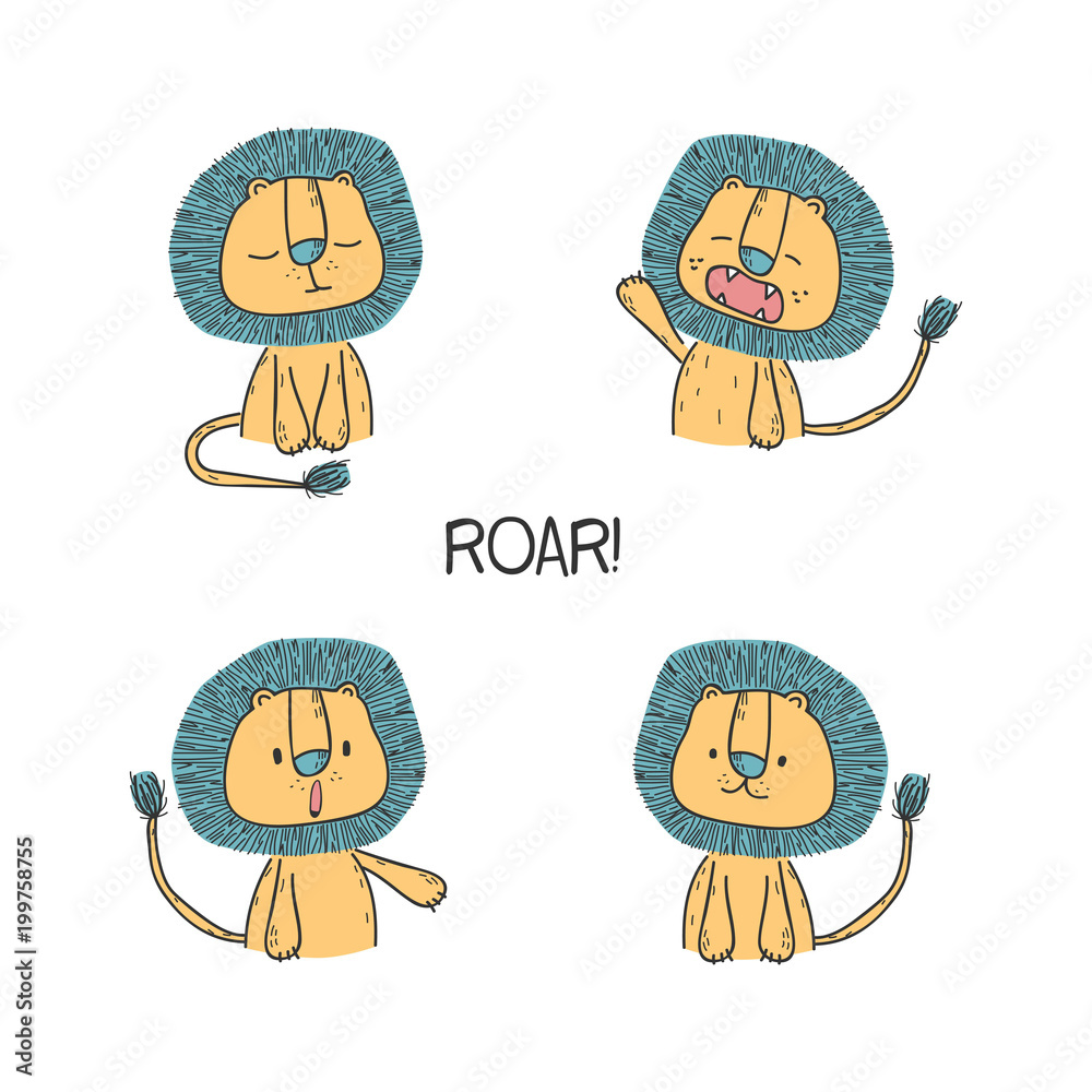 Set with cute lions. Vector illustration. Set with cute lions. Vector illustration.
