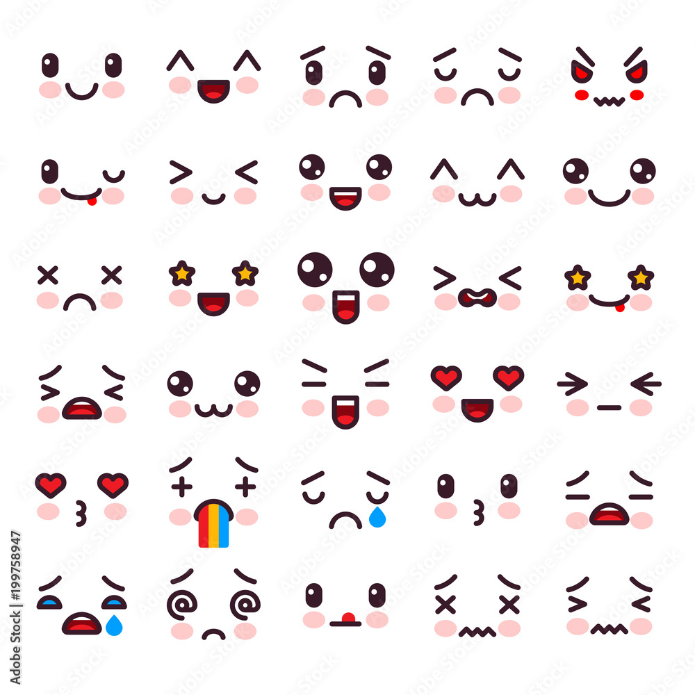 Kawaii vector cartoon emoticon character with different emotions and