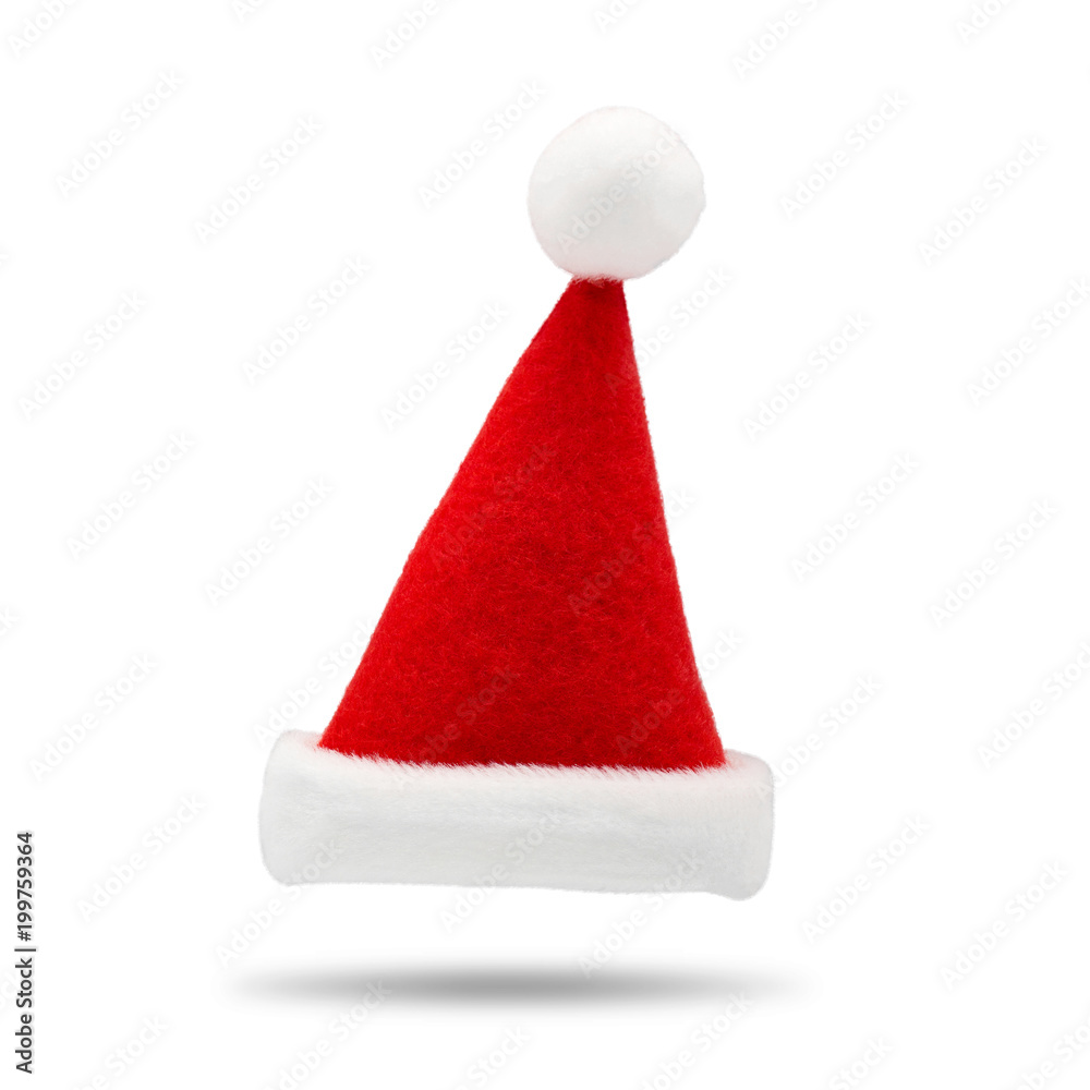 Red santa hat on white background. Fashion Santa Claus accessory for your design. Christmas cap for wear on head. Red santa hat on white background. Fashion Santa Claus accessory for your design. Christmas cap for wear on head.
