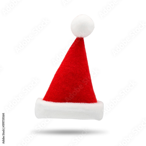 Red santa hat on white background. Fashion Santa Claus accessory for your design. Christmas cap for wear on head.