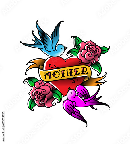 A tattoo with the inscription of Mom. A heart and flower tattoo with a flower. Tattoo in the style of the American old school. Raster flat tattoo. The illustration is isolated on a white background.