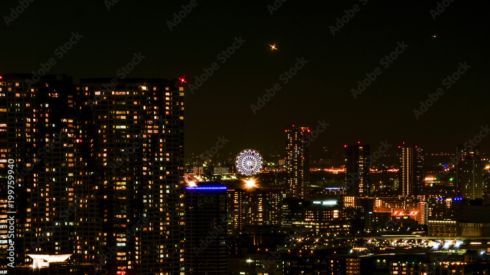 Fototapeta premium 日本、東京、夜景、絶景、トワイライト、観覧車のある風景、大都会の夜風景