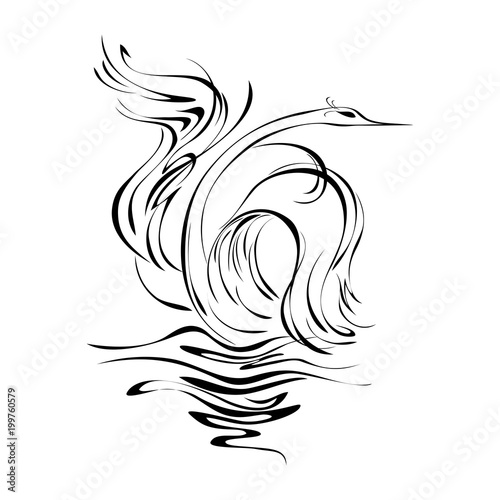 swan 14. graceful swan on the water in smooth black lines on a white background