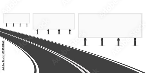 Three Billboards Along the Road. Three Empty White Blank Billboards for Advertising. Bend Road with Markings. Vector Art