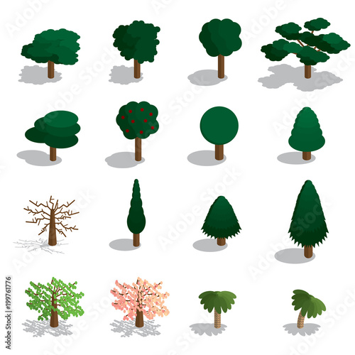 Isometric trees vector set. Isometric trees icon set. 