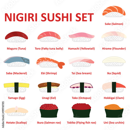Nigiri sushi icon set. Japanese cuisine. Vector. 