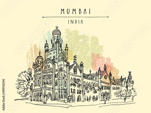 Plakat Beautiful old British colonial building in Mumbai (Bombay), India. Hand drawn postcard