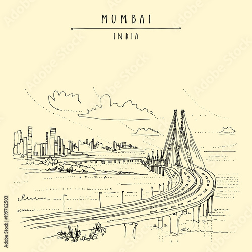 Bandra-Worli Sealink, cable-stayed vehicular bridge in Mumbai, India. Hand drawn postcard