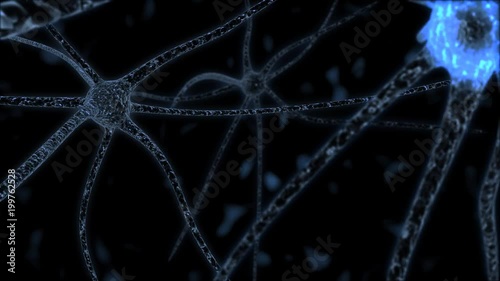 Neuron cell network inside the brain. Slight zoom across a neuronal network with electric impulses passing by. 