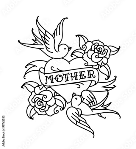 A tattoo with the inscription of Mom. A heart and flower tattoo with a flower. Tattoo in the style of the American old school. Vector flat tattoo. The illustration is isolated on a white background. C