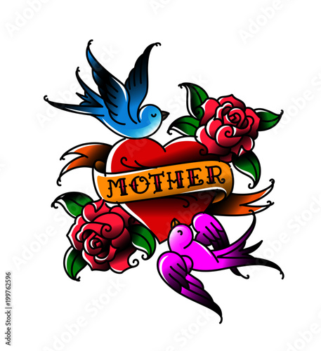 A tattoo with the inscription of Mom. A heart and flower tattoo with a flower. Tattoo in the style of the American old school. Vector flat tattoo. The illustration is isolated on a white background.