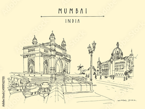 Gateway of India and Taj Mahal Palace Hotel in Mumbai (Bombay), India. Travel vintage hand drawn postcard