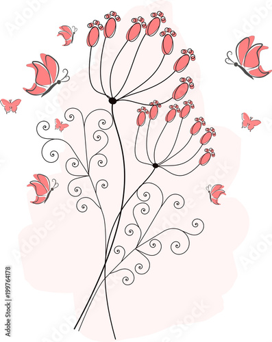 Rosa Schmetterlinge und rosa Blüten