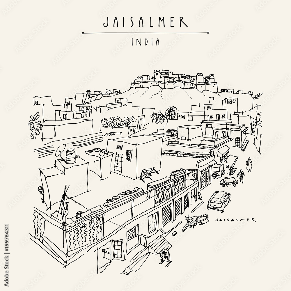 Overview of Jaisalmer, Rajasthan, India. Town street and fort. UNESCO heritage site. Vintage hand drawn touristic postcard