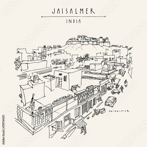 Overview of Jaisalmer, Rajasthan, India. Town street and fort. UNESCO heritage site. Vintage hand drawn touristic postcard