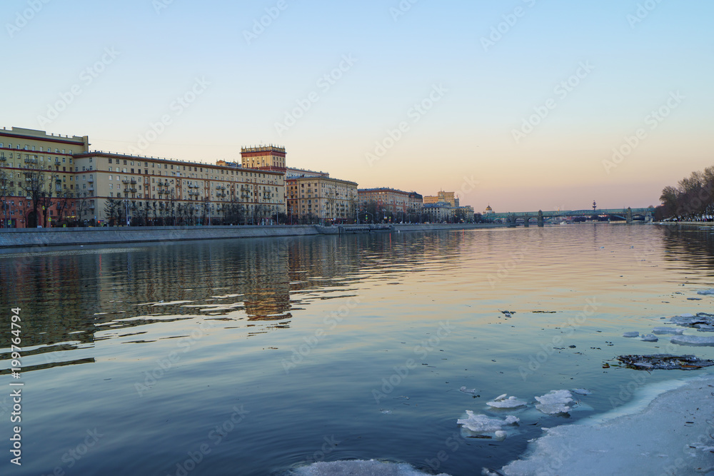 Drifting floes on the Moscow river, spring is coming