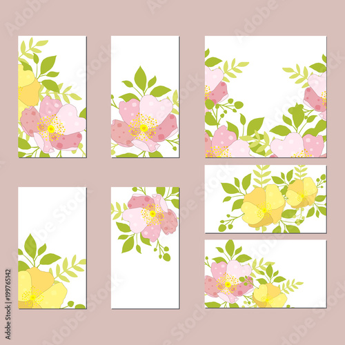 Botanic card with wild flowers  leaves.