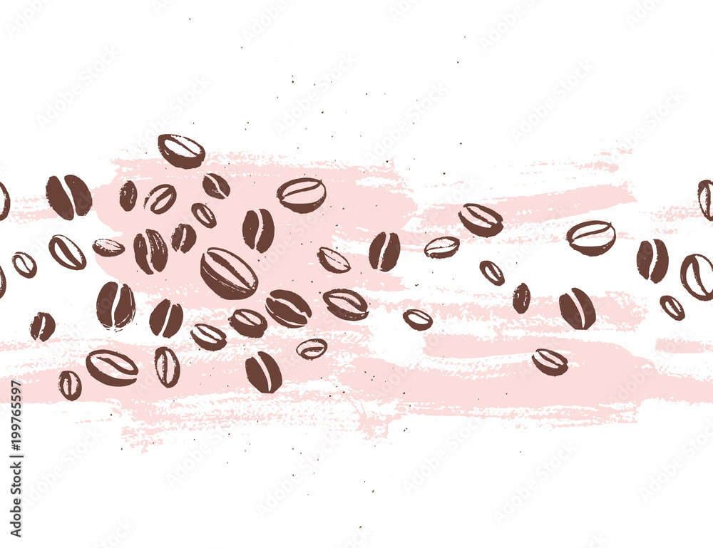 Naklejka Wektor bezszwowe tło kawy z ręcznie rysowane ziaren kawy na białym tle. Rysowanie tuszem, nasiona kawy. Projektowanie opakowań, tapety, banery itp.