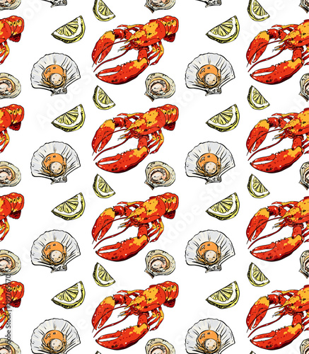 Сrayfish and oysters pattern on white background.
