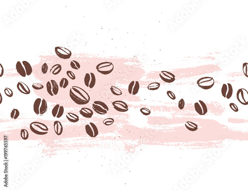 Naklejka Wektor bezszwowe tło kawy z ręcznie rysowane ziaren kawy na białym tle. Rysowanie tuszem, nasiona kawy. Projektowanie opakowań, tapety, banery itp.