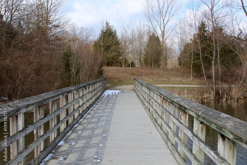 The boardwalk bridge at the park on a sunny day. 