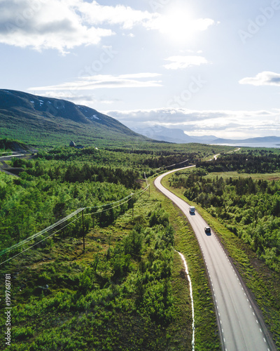 Norwegian road in the mountains. Aerial view