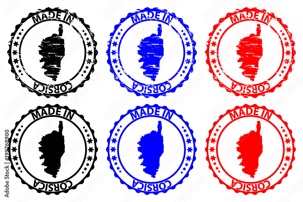 Made in Corsica - rubber stamp - vector, Corsica map pattern - black, blue and red Made in Corsica - rubber stamp - vector, Corsica map pattern - black, blue and red