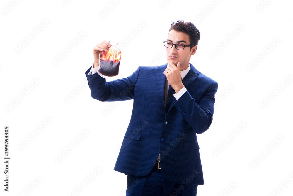 Businessman with blood bag isolated on white Businessman with blood bag isolated on white