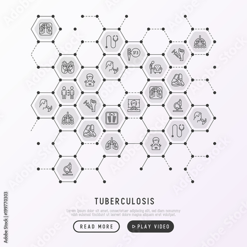 Tuberculosis concept in honeycombs with thin line icons: infection in lungs, x-ray image, dry cough, pain in chest and shoulders, Mantoux test, weight loss. Vector illustration for web page template.