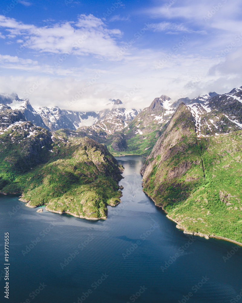 Yachting in Troll fjord. Aerial view