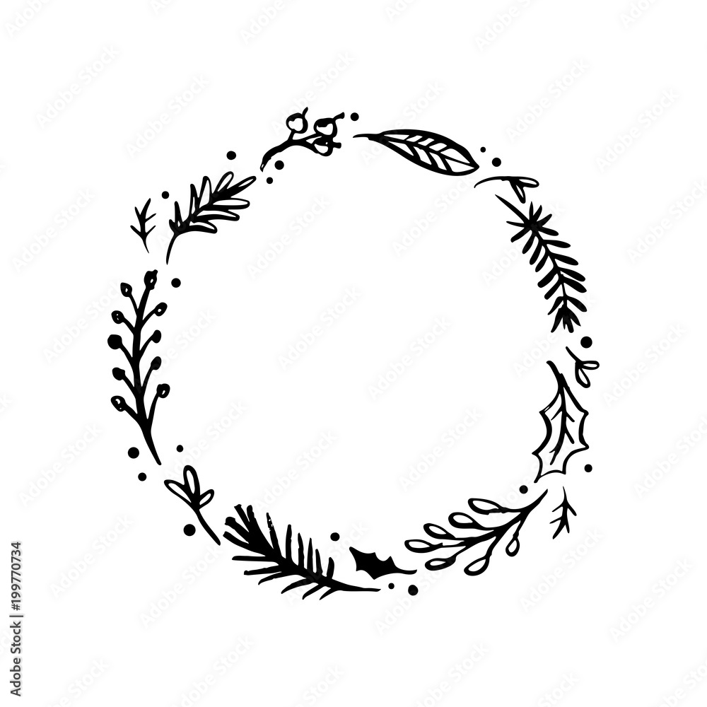 Floral rustic branch and leaves wreath for wedding invitation template design. Botanical hand drawn elements. Nature vector illustration. Floral rustic branch and leaves wreath for wedding invitation template design. Botanical hand drawn elements. Nature vector illustration.