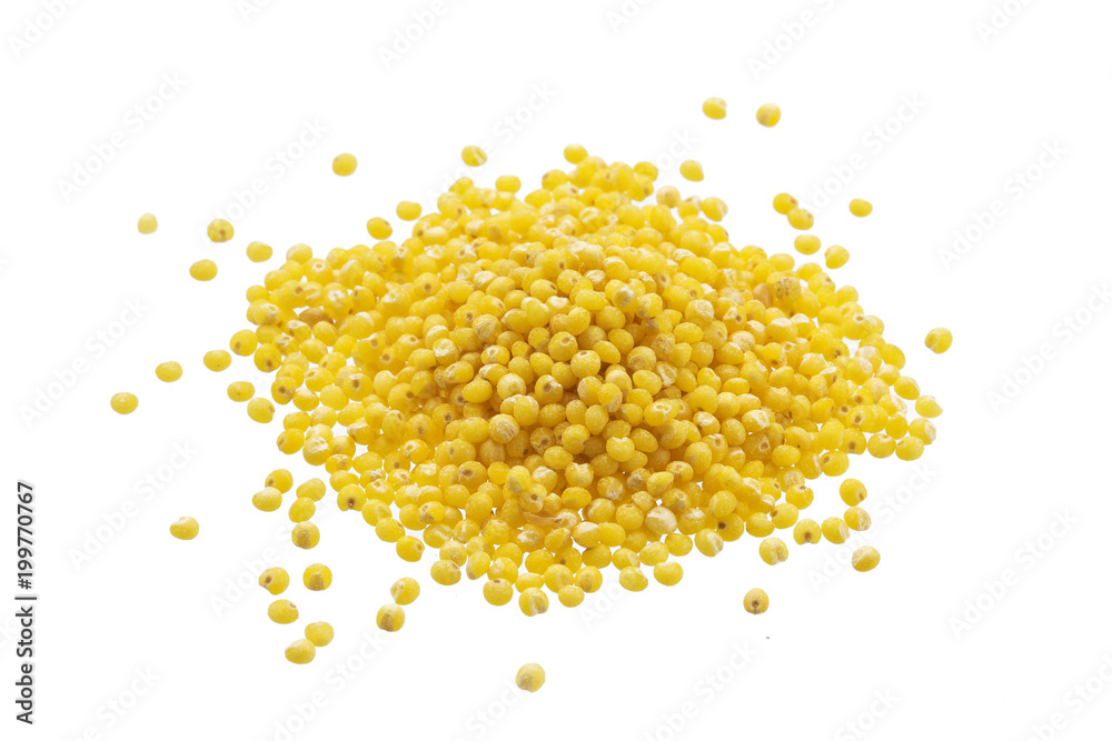 Heap of millet groats isolated on white background. Close-up, top view. Heap of millet groats isolated on white background. Close-up, top view.