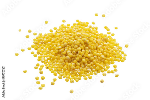 Heap of millet groats isolated on white background. Close-up, top view.