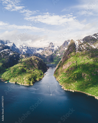Yachting in Troll fjord. Aerial view