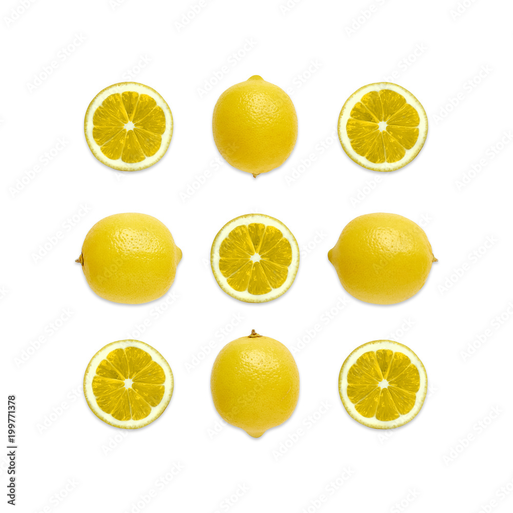 Lemon Top view Photo mockup with halves and whole ripe lemons lying in a rows on white background Design template with copy space Flat lay