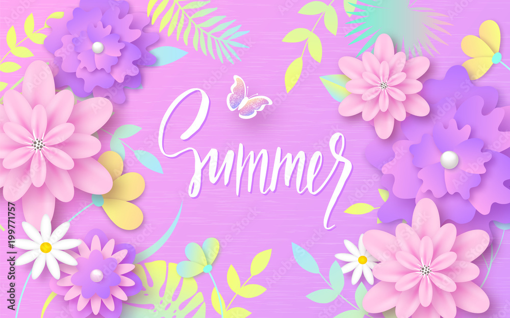 Summer background with colorful tropical leaves, flowers and butterflies. Handwritten lettering. Design layout for invitation, greeting card, ad, promotion, banner, poster, voucher.
