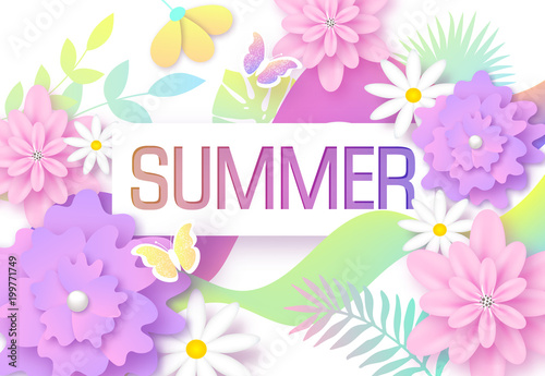Summer background with colorful tropical leaves, flowers and butterflies. Design layout for invitation, greeting card, ad, promotion, banner, poster, voucher. Vector illustration.