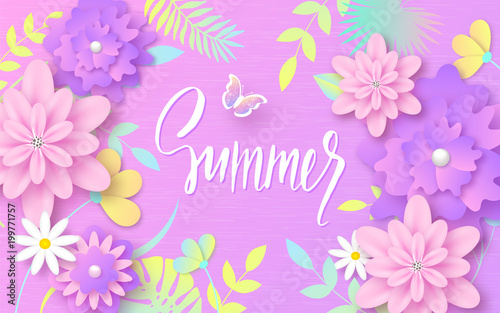 Summer background with colorful tropical leaves  flowers and butterflies. Handwritten lettering. Design layout for invitation  greeting card  ad  promotion  banner  poster  voucher.