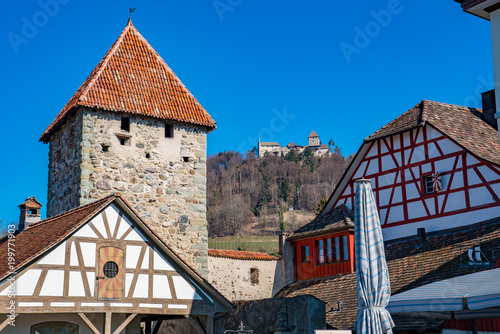 View of the old swiss town Stein Am Rhein with the Hohenklingen Castle on a hill