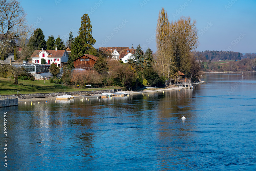 View of The Rhine River at the old swiss town Stein Am Rhein