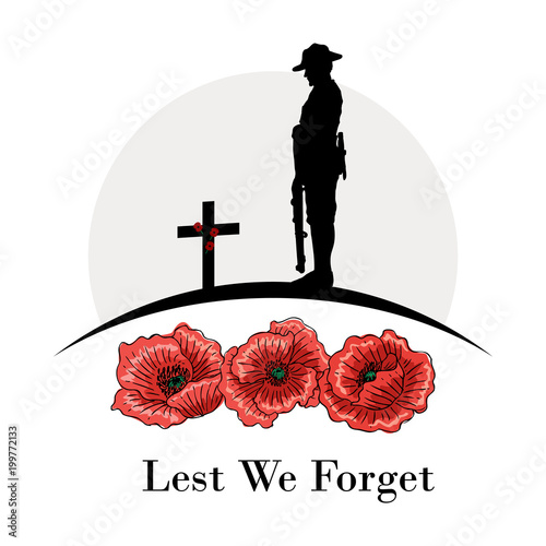 Anzac Day Banner, Silhouette of soldier paying tribute, Vector