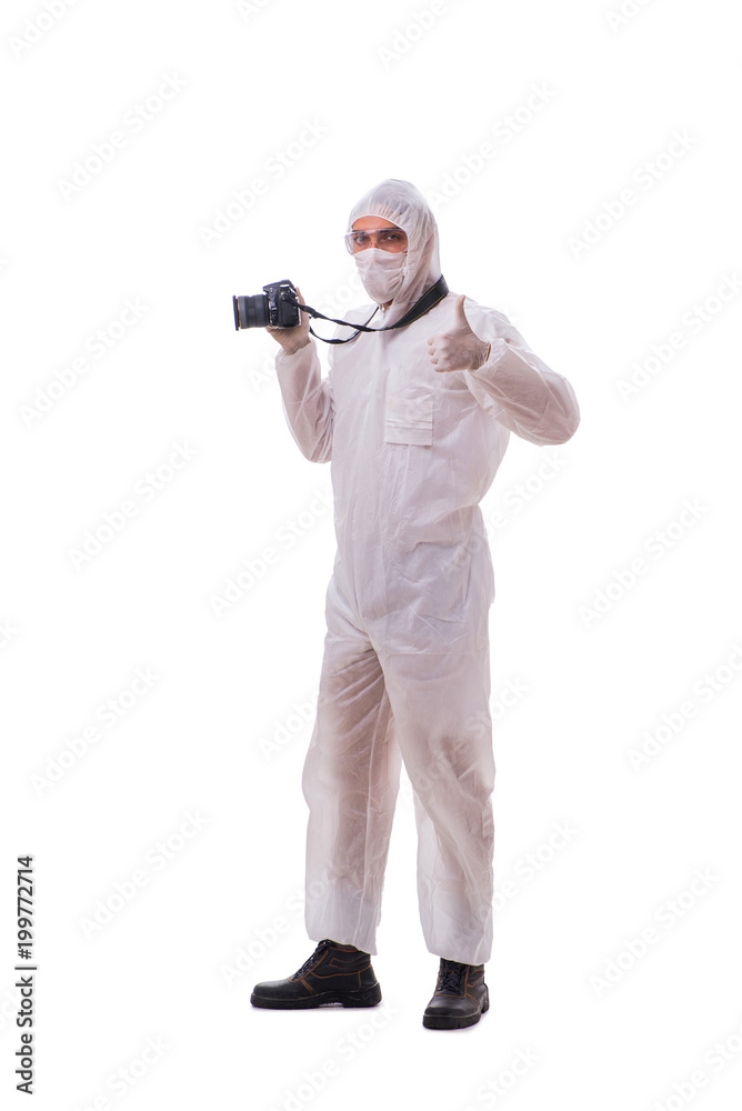 Forensic specialist in protective suit taking photos on white Forensic specialist in protective suit taking photos on white