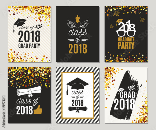 Graduation Class of 2018 greeting cards set. Vector party invitations. Grad posters. All isolated and layered