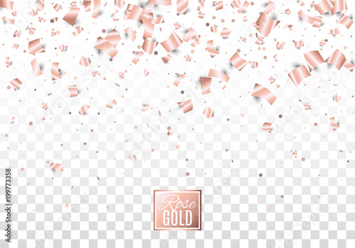 Rose gold paper confetti isolated on checkered transparent background. Festive vector illustration. Layered