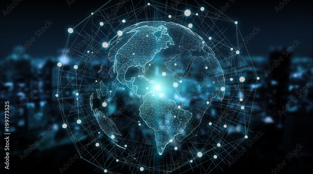 Connections system global world view 3D rendering Connections system global world view 3D rendering