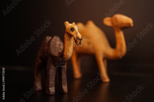 Wooden camels on a black background