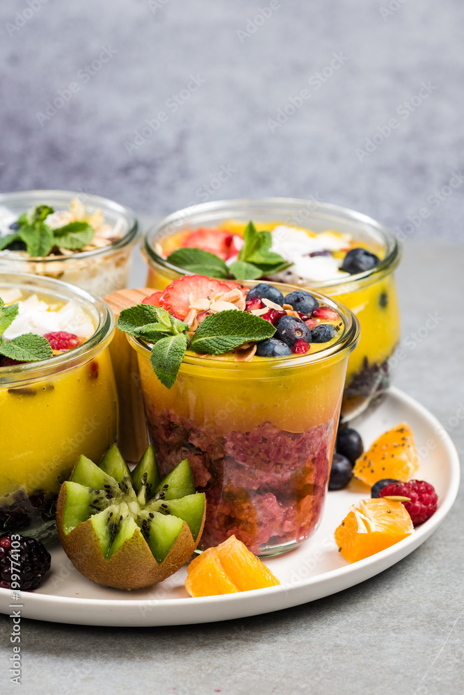 Mango puree and black rice in jar Mango puree and black rice in jar