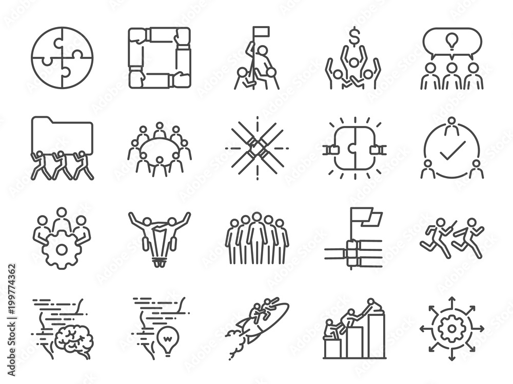 Naklejka premium Teamwork icon set. Included the icons as company, collaboration, participation, success, together, business, unity, people and more