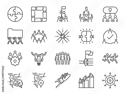 Teamwork icon set. Included the icons as company, collaboration, participation, success, together, business, unity, people and more
