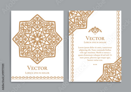 Gold vintage greeting card on a white background. Luxury ornament template. Mandala. Great for invitation, flyer, menu, brochure, postcard, background, wallpaper, decoration, or any desired idea photo